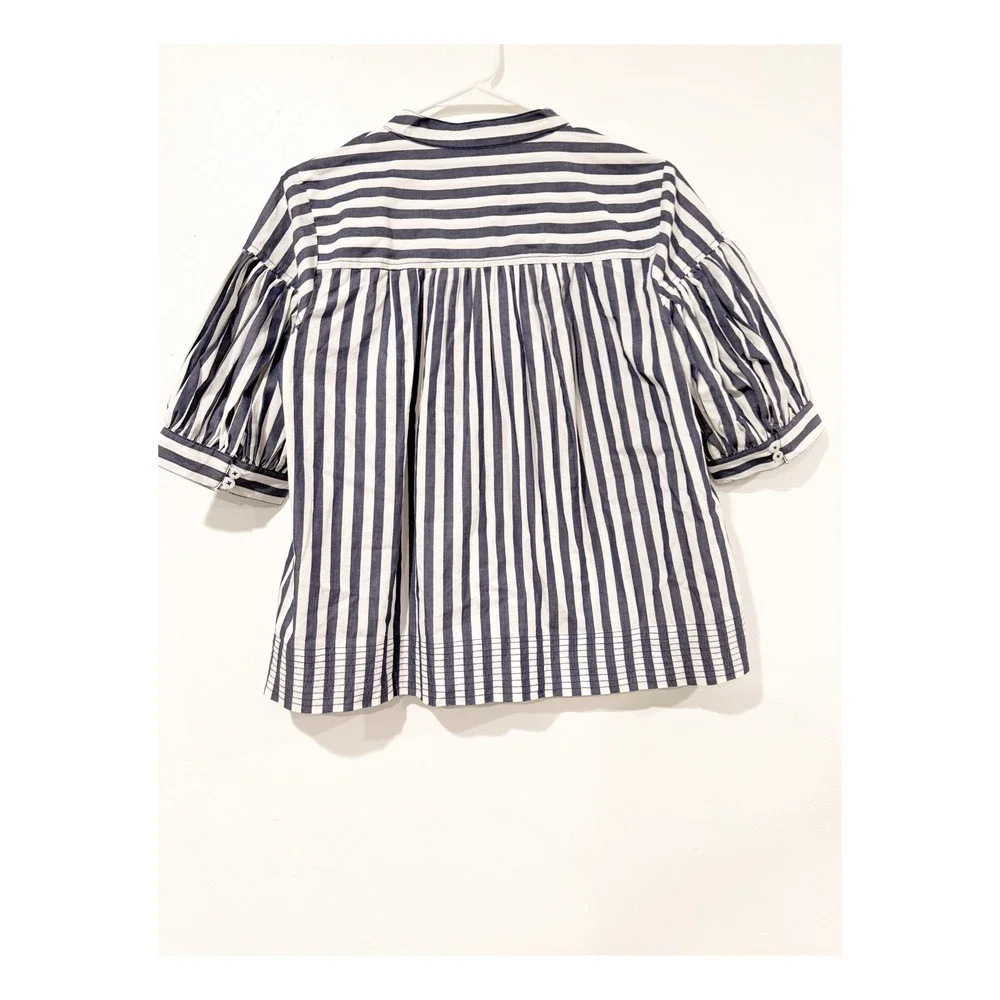 Anthropologie Striped Puff Sleeve Blouse Blue White Split Neck Pintuck Hem Small